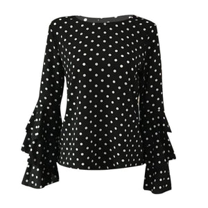 Women Blusas Polka Dot Print Flare Sleeve  Shirts O-neck Long Sleeve Chiffon Blouse