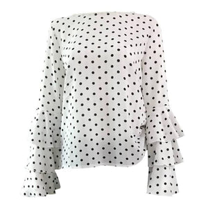 Women Blusas Polka Dot Print Flare Sleeve  Shirts O-neck Long Sleeve Chiffon Blouse