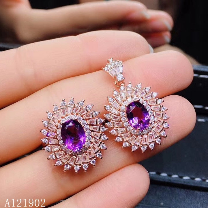 natural gem Amethyst Pendant Necklace Ring suit support detection