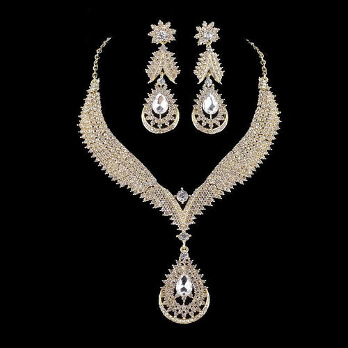 High quality india style golden plated bridal jewelry sets women wedding party rhinestone crystal dress necklace and earrings