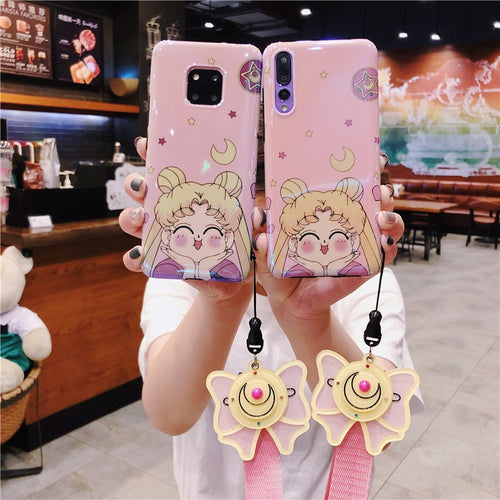 For Huawei P20 pro/ P30 pro case pink Sailor Moon phone cover honor 9/10 + make-up mirror strap Mate 10/20