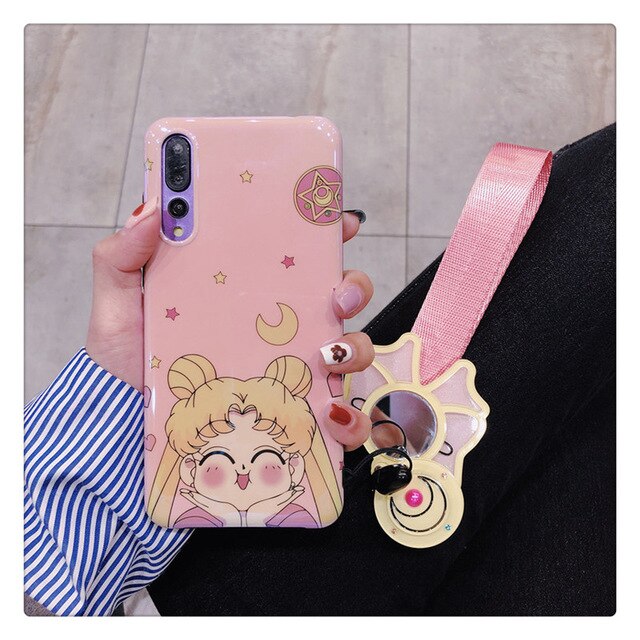 For Huawei P20 pro/ P30 pro case pink Sailor Moon phone cover honor 9/10 + make-up mirror strap Mate 10/20