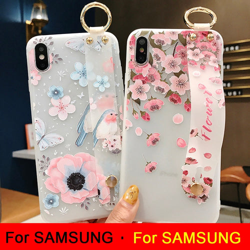 3D Flower Phone Case with Wrist Strap support Soft TPU Case