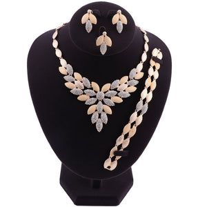 Dubai Bridal Crystal Jewelry Sets For Women Leaves Gold Necklace Earrings Bangle Ring Charm African Wedding Nigeria Jewelry Sets