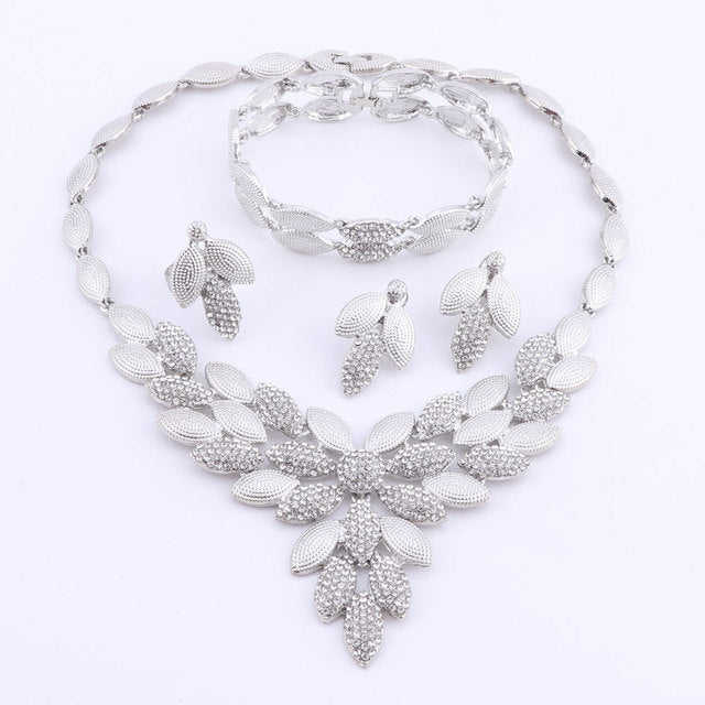 Dubai Bridal Crystal Jewelry Sets For Women Leaves Gold Necklace Earrings Bangle Ring Charm African Wedding Nigeria Jewelry Sets