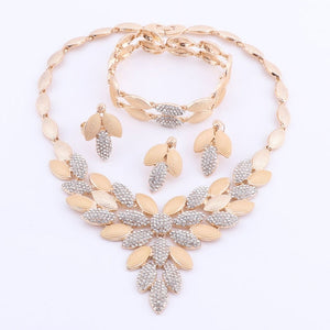 Dubai Bridal Crystal Jewelry Sets For Women Leaves Gold Necklace Earrings Bangle Ring Charm African Wedding Nigeria Jewelry Sets