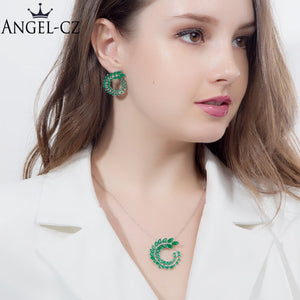 For Women Luxury Brand Necklace Earrings Jewelry Sets Marquise Green Cubic Zirconia Nigeria 2Pcs Set