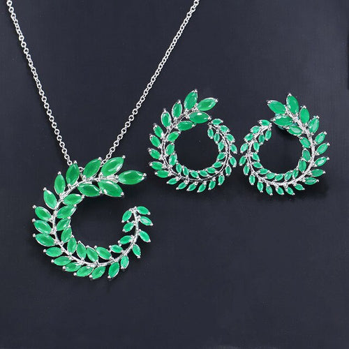 For Women Luxury Brand Necklace Earrings Jewelry Sets Marquise Green Cubic Zirconia Nigeria 2Pcs Set