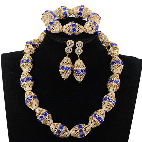 Decorate Royal Blue Rhinestone Gold Beads Necklace Jewelry Nigeria Wedding Beads Earrings Bracelet