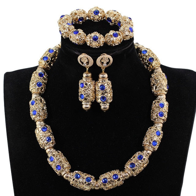 Decorate Royal Blue Rhinestone Gold Beads Necklace Jewelry Nigeria Wedding Beads Earrings Bracelet