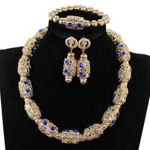 Decorate Royal Blue Rhinestone Gold Beads Necklace Jewelry Nigeria Wedding Beads Earrings Bracelet