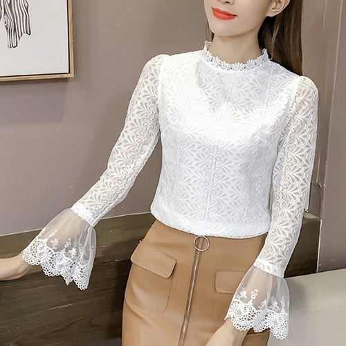 2019 fashion White Lace Blouse Shirt Women Fashion Tops round neck Flare Sleeve Female Blouses autumn Hollow Out Tops 804H3