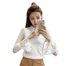 Load image into Gallery viewer, 2019 fashion White Lace Blouse Shirt Women Fashion Tops round neck Flare Sleeve Female Blouses autumn Hollow Out Tops 804H3