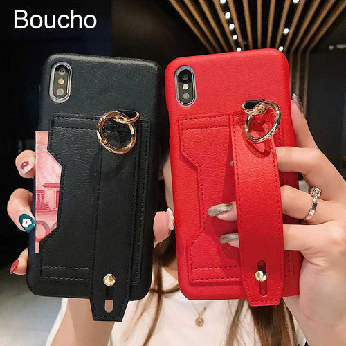 PU Leather Case For iPhone with Wrist Strap Phone Holder With Card Pocket