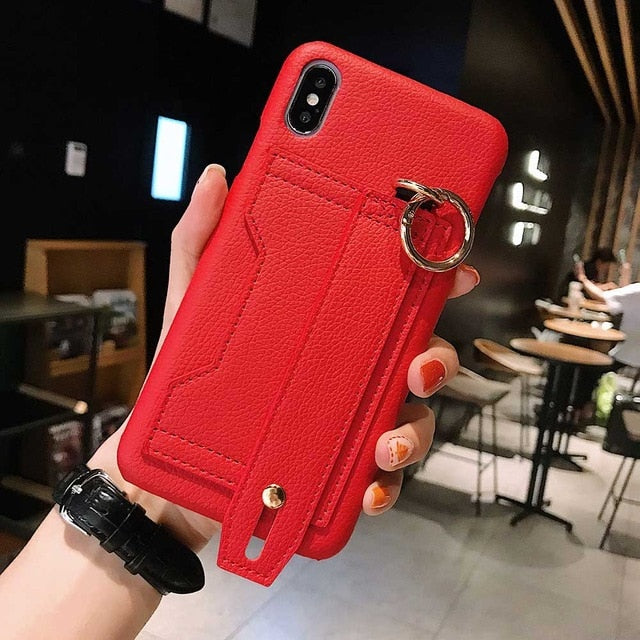 PU Leather Case For iPhone with Wrist Strap Phone Holder With Card Pocket