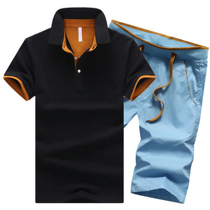 Mens Polo Shorts Sets Summer Cotton Button Polo Shirts Sets 2019 Mens Shorts Clothes 2 Piece Set Tracksuit Elastic Waist Shorts