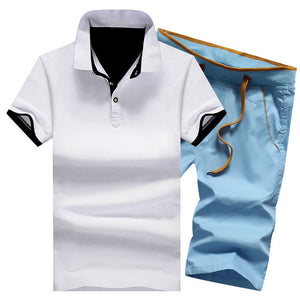 Mens Polo Shorts Sets Summer Cotton Button Polo Shirts Sets 2019 Mens Shorts Clothes 2 Piece Set Tracksuit Elastic Waist Shorts