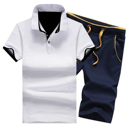 Mens Polo Shorts Sets Summer Cotton Button Polo Shirts Sets 2019 Mens Shorts Clothes 2 Piece Set Tracksuit Elastic Waist Shorts