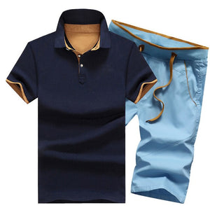 Mens Polo Shorts Sets Summer Cotton Button Polo Shirts Sets 2019 Mens Shorts Clothes 2 Piece Set Tracksuit Elastic Waist Shorts