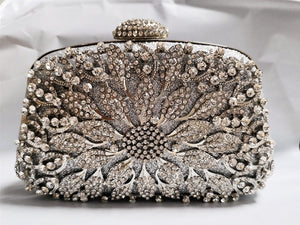 New Style Metallic Hollow Out Crystal Floral Women Evening Clutch Bag