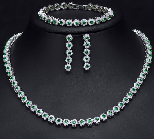 CWWZircons 3 Pcs CZ Green Crystal Bracelet Necklace and Earrings Sets