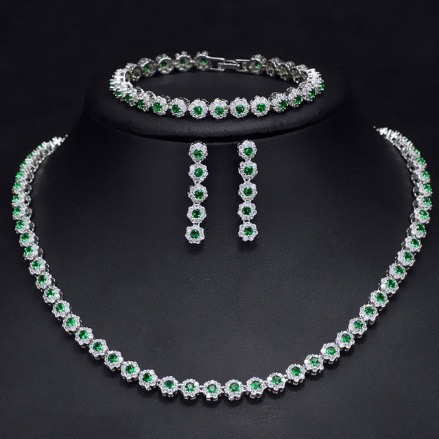 CWWZircons 3 Pcs CZ Green Crystal Bracelet Necklace and Earrings Sets