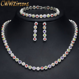 CWWZircons 3 Pcs CZ Green Crystal Bracelet Necklace and Earrings Sets