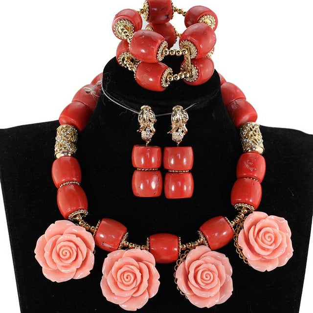 Elegant Women Chunky Flowers Pendant Necklace Jewelry Set Real Coral Beads