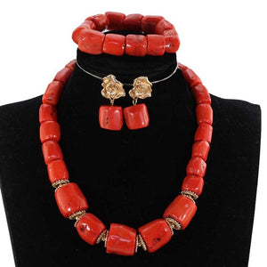 Elegant Women Chunky Flowers Pendant Necklace Jewelry Set Real Coral Beads