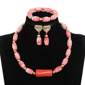 Elegant Women Chunky Flowers Pendant Necklace Jewelry Set Real Coral Beads