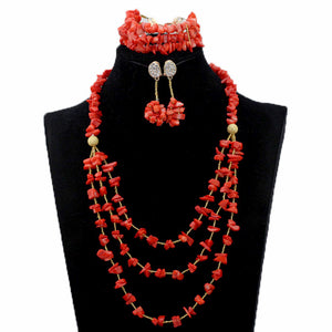 Elegant Women Chunky Flowers Pendant Necklace Jewelry Set Real Coral Beads