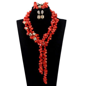 Elegant Women Chunky Flowers Pendant Necklace Jewelry Set Real Coral Beads