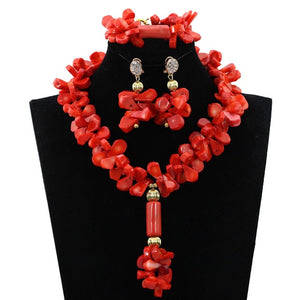 Elegant Women Chunky Flowers Pendant Necklace Jewelry Set Real Coral Beads