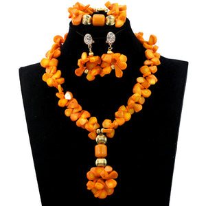 Elegant Women Chunky Flowers Pendant Necklace Jewelry Set Real Coral Beads