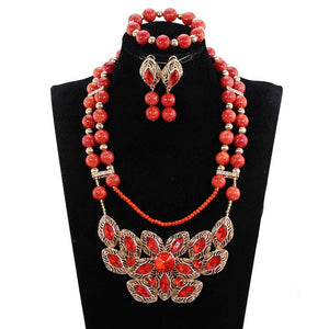 Elegant Women Chunky Flowers Pendant Necklace Jewelry Set Real Coral Beads