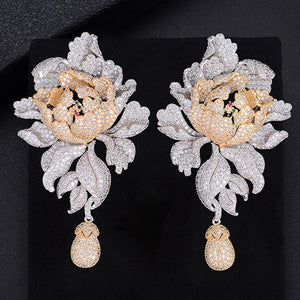 76mm Popular Chrysanthemum Flower Pierced Full Cubic Zirconia Dangle Earings Women Wedding Bridal Jewelry