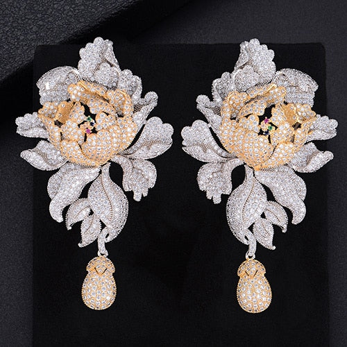 76mm Popular Chrysanthemum Flower Pierced Full Cubic Zirconia Dangle Earings Women Wedding Bridal Jewelry