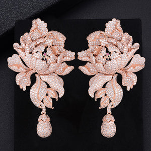 76mm Popular Chrysanthemum Flower Pierced Full Cubic Zirconia Dangle Earings Women Wedding Bridal Jewelry