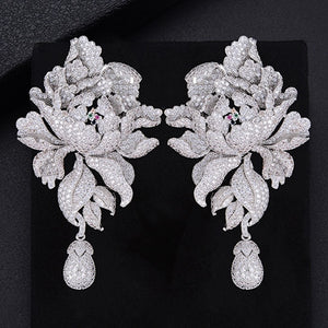 76mm Popular Chrysanthemum Flower Pierced Full Cubic Zirconia Dangle Earings Women Wedding Bridal Jewelry