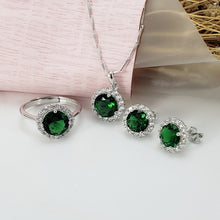 Load image into Gallery viewer, SA SILVERAGE 925 Sterling Silver Green/Red Crystal Round Pendant Necklaces Stud Earrings Wedding Rings Jewelry Set 3-pieces Sets