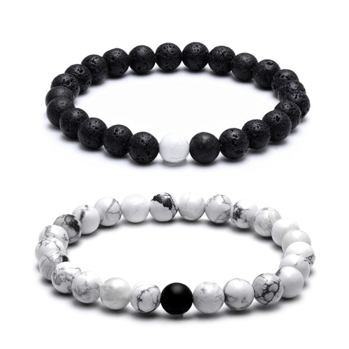 Couple Bracelet 8mm Black White Natural Lava Stones Beads