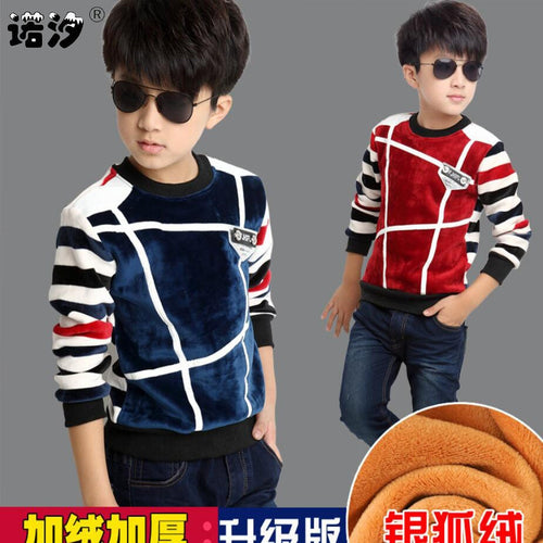 long sleeve clothes Children velvet t shirt kids spring plush inside warm O-neck tees  4-13T teenage clothes outwear