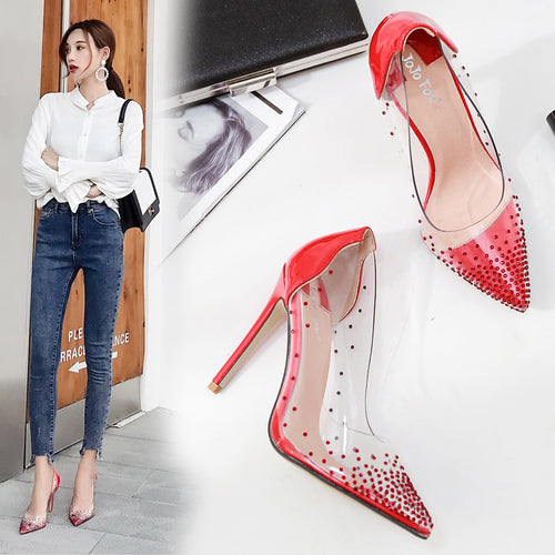 Koovan Women's Pumps High Heel Summer Shoes 2019 Transparent Rhinestone Pointed Shallow Shoes