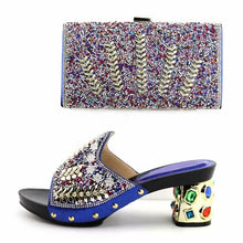 Load image into Gallery viewer, Beatiful royal blue women kitten heel shoes with rhinestone