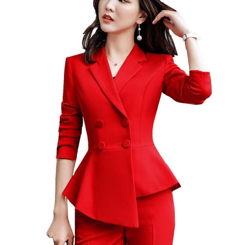 Women Red blazer Slim Spring Autumn new Elegant Office Lady Jacket Work Suit Ruffled Double Breasted blazer solid Dushicolorful