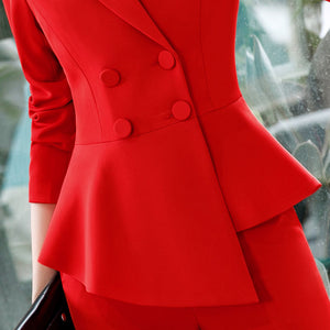 Women Red blazer Slim Spring Autumn new Elegant Office Lady Jacket Work Suit Ruffled Double Breasted blazer solid Dushicolorful