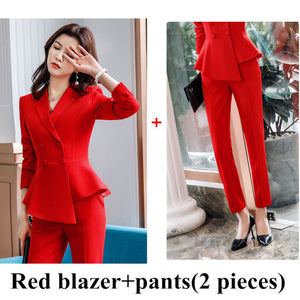 Women Red blazer Slim Spring Autumn new Elegant Office Lady Jacket Work Suit Ruffled Double Breasted blazer solid Dushicolorful