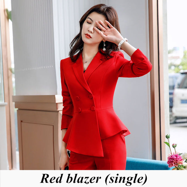 Women Red blazer Slim Spring Autumn new Elegant Office Lady Jacket Work Suit Ruffled Double Breasted blazer solid Dushicolorful