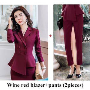 Women Red blazer Slim Spring Autumn new Elegant Office Lady Jacket Work Suit Ruffled Double Breasted blazer solid Dushicolorful