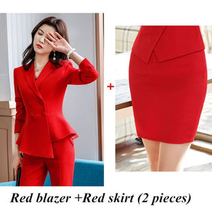 Women Red blazer Slim Spring Autumn new Elegant Office Lady Jacket Work Suit Ruffled Double Breasted blazer solid Dushicolorful